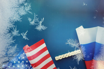 American and Russian flag. US sanctions against Russia. Aggravation and freezing of diplomatic...