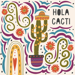 Mexican cactus green cactus in pot ornament print. Nature print hand drawn doodle naive design vector art illustration. Hola cacti © Anna Drozdova