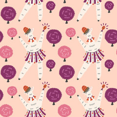 Mexican dancing llama among festival fluffy circles pattern. Alpaca character animal background hand drawn doodle naive vector art. Cute digital paper fabric textile wallpaper
