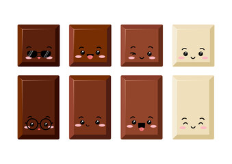 Cute chocolate bar piece emoji character icon set. Yummy dark, bitter, milky and white choco part with face. Square and rectangular shape flat cartoon kawaii cacao sweet food vector kids illustration.