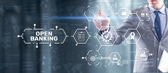 Open Banking Online Finance Concept. Man clicks on a virtual screen inscription