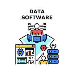 Data Software Vector Icon Concept. Data Software Developing Programmer And Coding On Computer, It Worker And Technician Technology Development And Support. Server Performance Check Color Illustration
