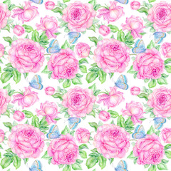 Floral seamless pattern botanical pink Roses flowers. Watercolor hand painting beautiful blooming realistic bouquet. Vintage background. For used wallpaper design, textile fabric or wrapping paper