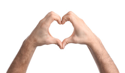 Man making heart with hands on white background, closeup