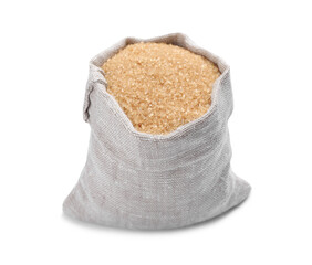 Brown sugar in sack isolated on white