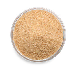 Brown sugar in glass bowl isolated on white, top view