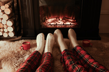 Couple in knitted socks near fireplace at home, closeup of legs