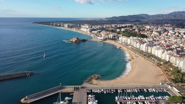 Aerial view of the seaside resort town of Blanes in Catalonia. Spain