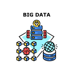 Big Data Center Vector Icon Concept. Big Data Center With Electronic Equipment Servers For Storage Media Files And Websites, Worldwide Connection. Technician Maintenance And Support Color Illustration