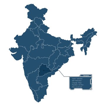 Telangana highlighted on indian map with holographic dialog box representing information about telangana vector image.