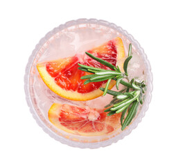 Delicious refreshing drink with sicilian orange, fresh rosemary and ice cubes in glass isolated on white, top view
