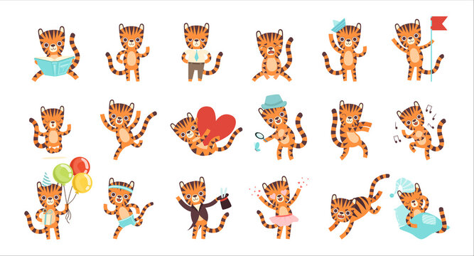 Cute Little Tiger Character with Striped Coat Engaged in Different Activity Vector Big Set