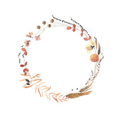 Wreath of leaves, grass and flowers, circle frame with abstract floral elements, watercolor isolated illustration on white background for invitation or greeting cards. Delicate floral border.