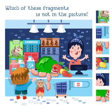 Find hidden fragments. Game for children. Vector color illustration. Cartoon characters in market. Cute boy and dog buy food in store. 
