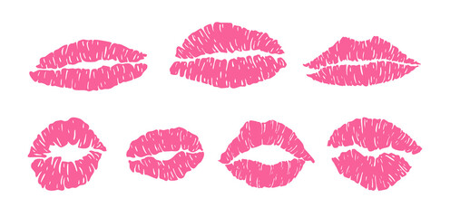 Red mark kisses lipstik pink mouth set. Hand drawn shape beauty sexy silhouette isolated on white background. Vector icon
