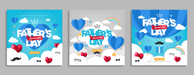Fathers day sale social media banner post template. Fathers day celebration flyer or invitation poster cover with love or heart balloon, gift box, cloud and rainbow. Business marketing web banner. 