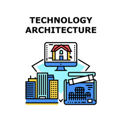 Fototapeta premium Technology Architecture Vector Icon Concept. Computer Software And Blueprint With Equipment, Technology Architecture For Create Building Exterior And Design. Architectural Business Color Illustration