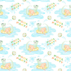 Watercolor pool party background. Dinosaur in pool wallpaper.