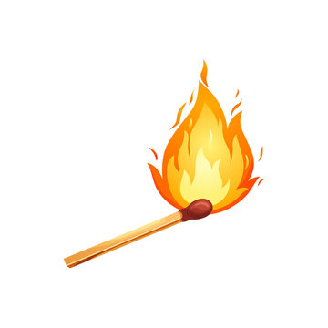 Burnt match stick with fire. Whole, ignite wooden matchstick. Cartoon safety isolated on white background. Vector
