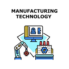 Manufacturing Technology Vector Icon Concept. Robotic Arm And Plant Conveyor, Computer Industrial Software And Automation Equipment, Modern Factory Manufacturing Technology Color Illustration