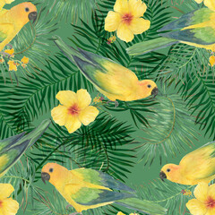 Watercolor painting seamless pattern with sun parrots, palm leaves, yellow hibiscus flowers. Tropical background - 506355555