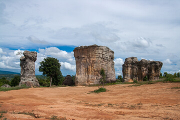 Fototapeta na wymiar Mo Hin Khao known as “The Stonehenge in Thailand”, is a white hill located in a broad field. Its geological features and surroundings are made of sedimentary rocks in Jurassic