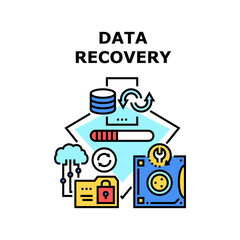 Data Recovery Vector Icon Concept. Data Recovery Software And Computer Service Occupation, Private Information And Media Files Renewal From Digital Hard Disc And Locked Folder Color Illustration