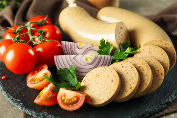 Concept of tasty food, liverwurst sausage, close up