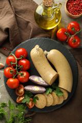 Concept of tasty food, liverwurst sausage, top view