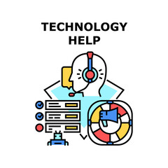Help Technology Vector Icon Concept. User And Client Help Technology, Support Call Service Operator Advicing And Helping Customer, Chat Bot Web Site Advisor And Guide Color Illustration