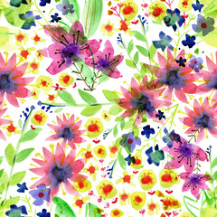 Seamless pattern with watercolor flowers. Bright, fresh and juicy. Perfect for fabric, home textile, sketchbook or notebook cover, wrapping paper, wallpaper. - 506356911