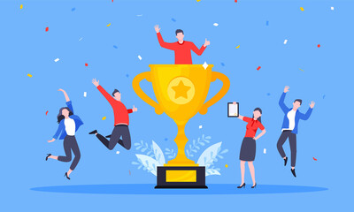 Happy business employee team winners award ceremony flat style design vector illustration. Employee recognition and best worker competition award team celebrating victory winner business concept.