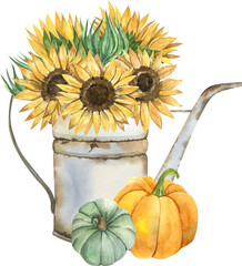 Watercolor sunflowers and pumpkin arrangement. Autumn harvest composition isolated on white background.