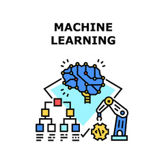 Machine Learning Vector Icon Concept. Machine Learning And Developing, Artificial Intelligence Digital Brain And Programming Operation Industrial Robotic Arm. Learn Technology Color Illustration