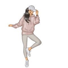 Brunette Girl Isolated On A White Background Hand Drawn Illustration	