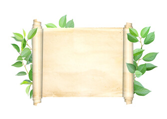 Horizontal banner with medieval scroll and green leaves. Eco-friendly concept