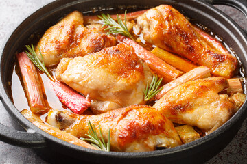 Chicken stew with rhubarb, rosemary and white wine close-up in a frying pan on the table. horizontal