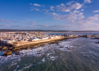 Aerial view of medieval Essaouira old city on Atlantic coast at sunset, Morocco