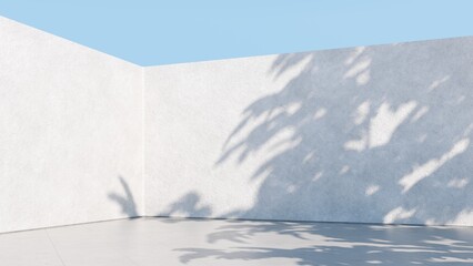 Abstract architectural backdrop - 3D render. White details of the facade of modern building on blue sky background with copy space. Unobtrusive botanical background with shadow on the wall.