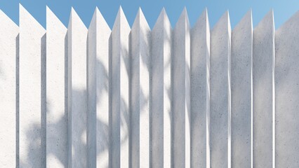 Abstract architectural backdrop - 3D render. White details of the facade of modern building on blue sky background with copy space. Unobtrusive botanical background with shadow on the wall.