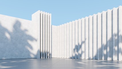 Abstract architectural backdrop - 3D render. White details of the facade of modern building on blue sky background with copy space. Unobtrusive botanical background with shadow on the wall.