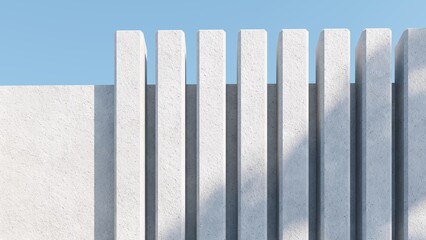 Abstract architectural backdrop - 3D render. White details of the facade of modern building on blue sky background with copy space. Unobtrusive botanical background with shadow on the wall.