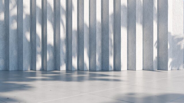 Abstract architectural backdrop - 3D render. White details of the facade of modern building on blue sky background with copy space. Unobtrusive botanical background with shadow on the wall.