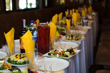 served festive table with cold appetizers and drinks