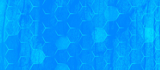 Abstract geometrical hexagon background with blue texture, stylist blue background with hexagonal shapes and scratches for graphics design and web design.