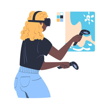 Woman Wearing Virtual Reality Headset Drawing Immersed In Abstract VR World Vector Illustration