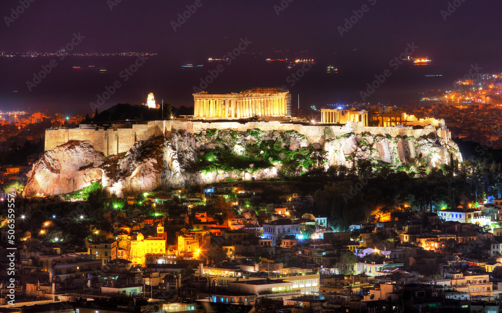 Poster Acropolis at night in Athens from hill Lycabettus, Greece