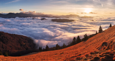 Panorama of the mountain landscape above clouds at sunset with sun