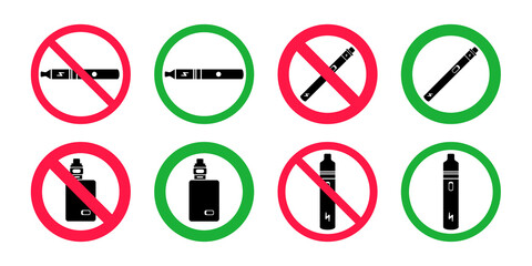 No vaping and vaping area signs. Red forbidden and green allowed circles signs icon set isolated on white background vector illustration. Vape and smoke prohibition and green access circles set.