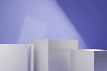 Three white square stands on very pery background. 3d render